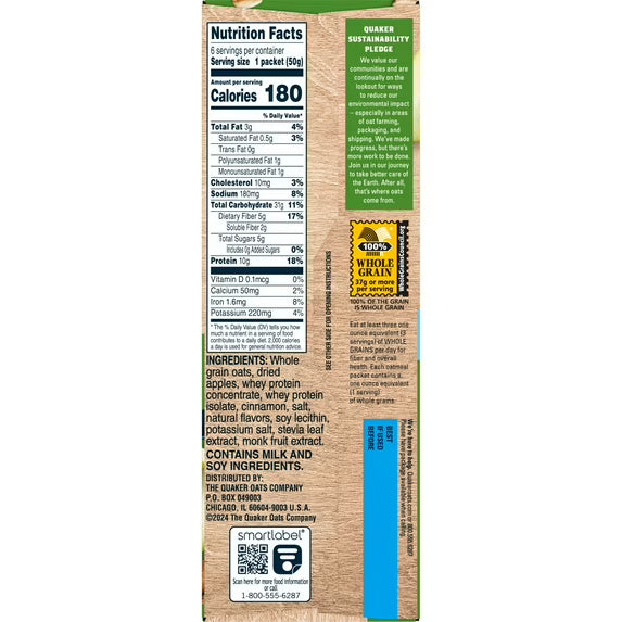 Quaker Instant Oatmeal Protein No Added Sugar Apples & Cinnamon, 1.76 Ounce 6 Packets