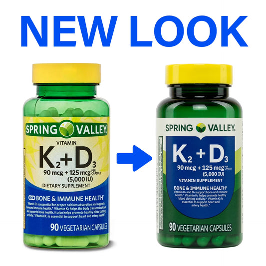 Spring Valley Vitamin K2 90 Mcg + D3 125 Mcg Vegetarian Capsules, 90 Count