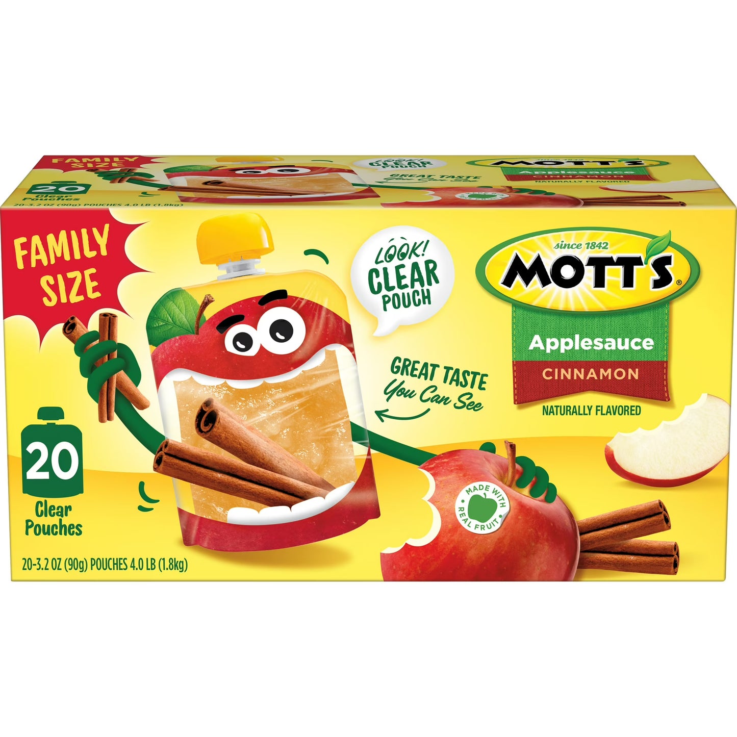 Mott's Cinnamon Applesauce, 3.2 oz, 20 Count Clear Pouches