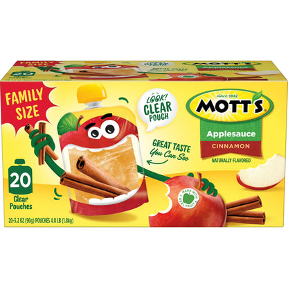 Mott's Cinnamon Applesauce, 3.2 oz, 20 Count Clear Pouches