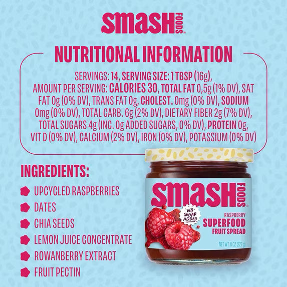 Smash Foods Raspberry Jam, No Sugar Added, Low-Calorie, Vegan (1 Jar) 8oz