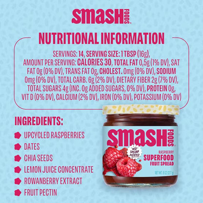 Smash Foods Raspberry Jam, No Sugar Added, Low-Calorie, Vegan (1 Jar) 8oz