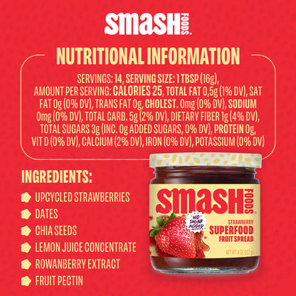 (3 pack) Smash Foods, Strawberry Jam, No Sugar Added, Low-Calorie, Vegan (1 Jar)
