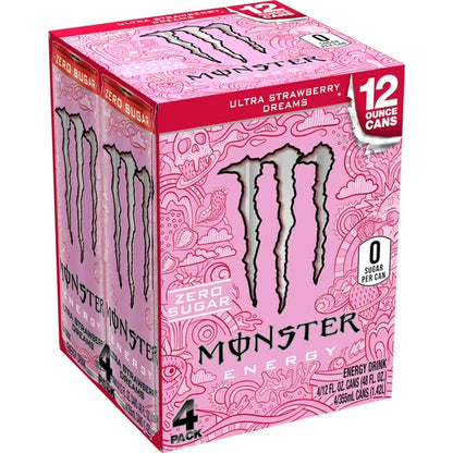 Monster Energy, Ultra Strawberry Dreams, Sugar Free Energy Drink, 12 fl oz, 4 Pack