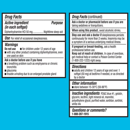 Equate Maximum Strength Nighttime Sleep-Aid Diphenhydramine HCl Sleep Support Softgels, 50 mg, 100 Count, Compare to Unisom SleepGels Active Ingredient