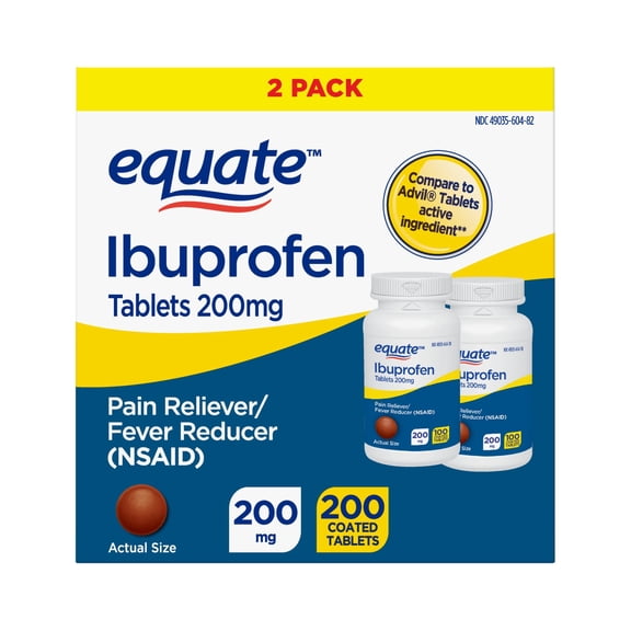 Equate Ibuprofen Tablets, 200 mg, Pain Reliever and Fever Reducer, 200 Count (2x100 Count), Compare to Advil Tablets Active Ingredient