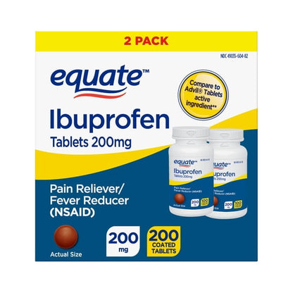 Equate Ibuprofen Tablets, 200 mg, Pain Reliever and Fever Reducer, 200 Count (2x100 Count), Compare to Advil Tablets Active Ingredient