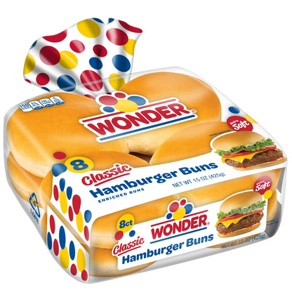 Wonder Bread Classic Extra Soft White Bread Hamburger Buns, 15 oz, 8 Ct, Shelf-Stable