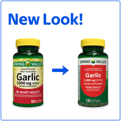 Spring Valley Odor-Controlled Garlic Dietary Supplement Softgels for Heart Health, 1000 mg, 120 Count