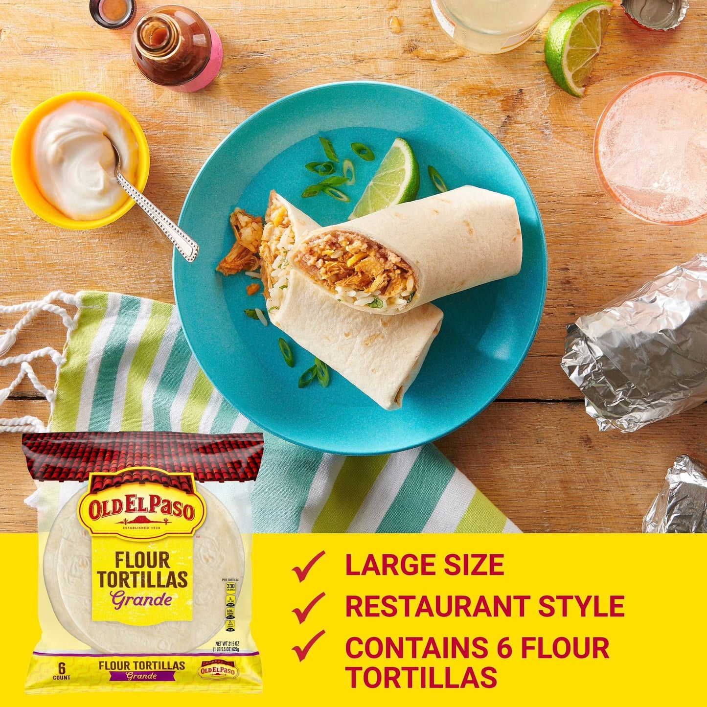 (4 pack) Old El Paso Restaurant Style Grande Flour Tortillas, Meal Prep, 6 Count, 21.5 oz