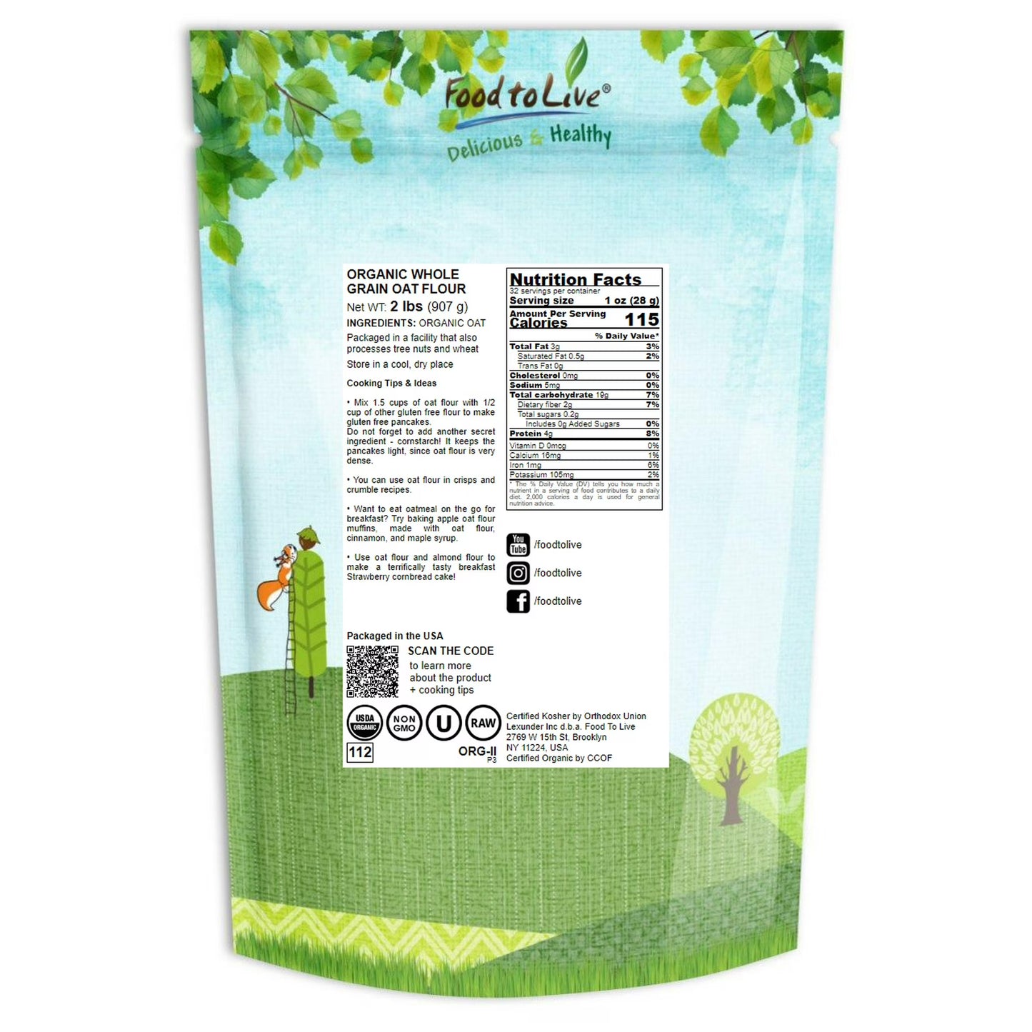 Food to Live Organic Oat Flour, 2 Pounds – Non-GMO, Fine, Kosher, Vegan, Bulk
