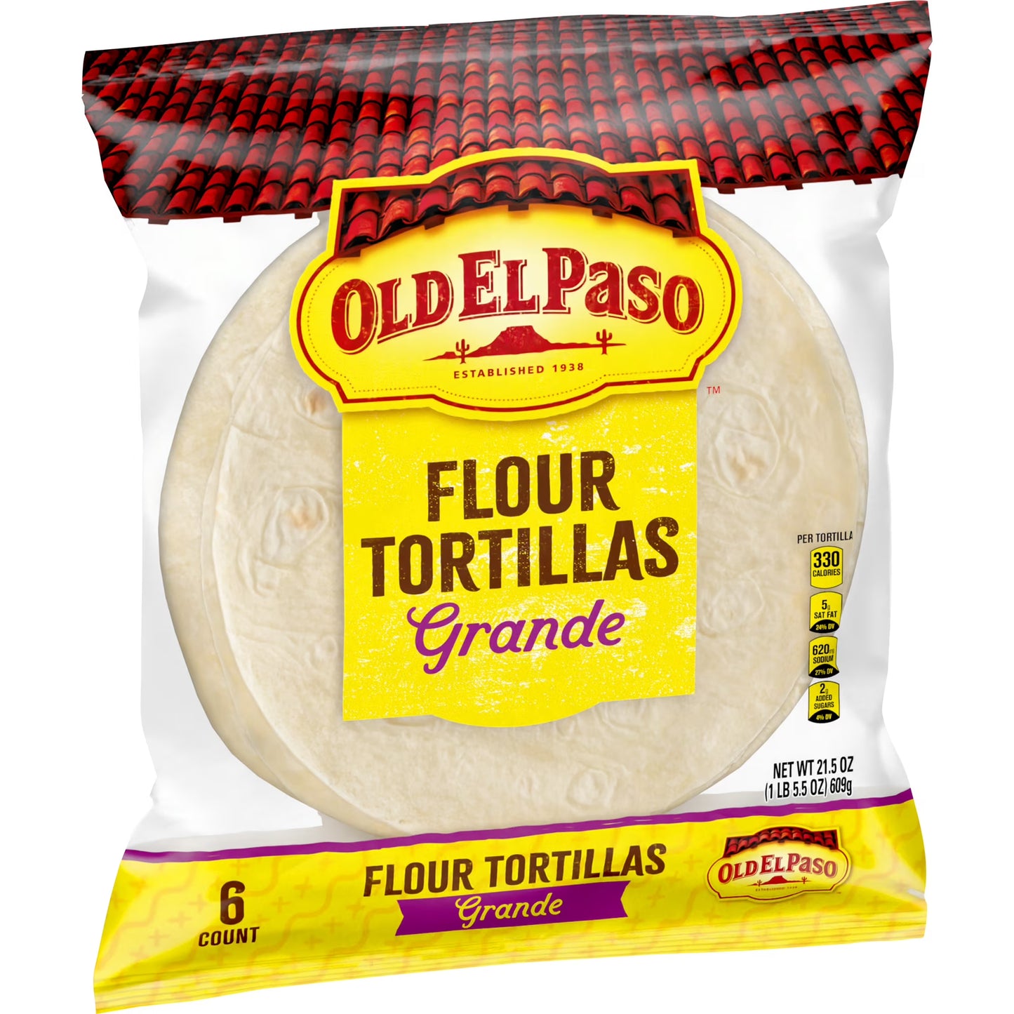 (4 pack) Old El Paso Restaurant Style Grande Flour Tortillas, Meal Prep, 6 Count, 21.5 oz