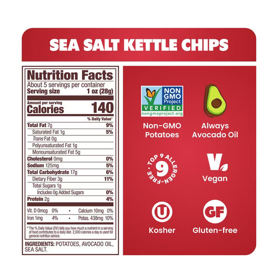 Jackson’s Classic Potato Kettle Chips with Sea Salt, Avocado Oil, Free of Top 9 Allergens, 5 oz