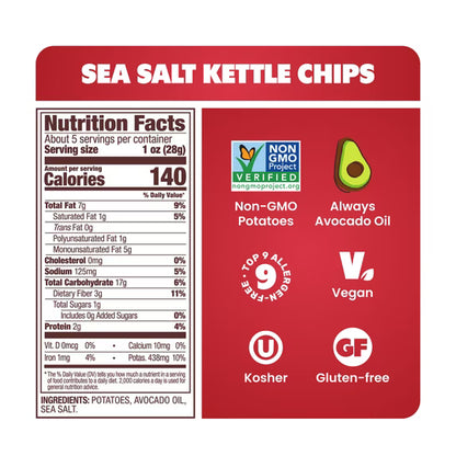 Jackson’s Classic Potato Kettle Chips with Sea Salt, Avocado Oil, Free of Top 9 Allergens, 5 oz