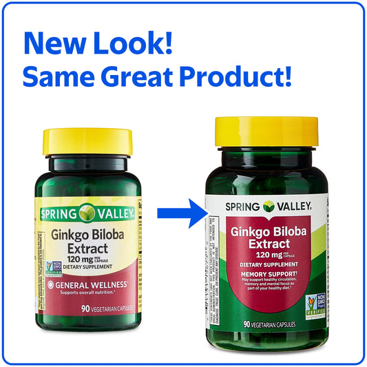 Spring Valley Ginkgo Biloba Extract Dietary Supplement Vegetarian Capsules for Memory Support, 120 mg, 90 Count