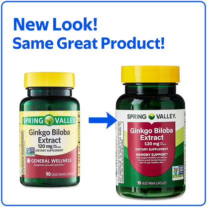(3 pack) Spring Valley Ginkgo Biloba Extract Dietary Supplement Vegetarian Capsules for Memory Support, 120 mg, 90 Count