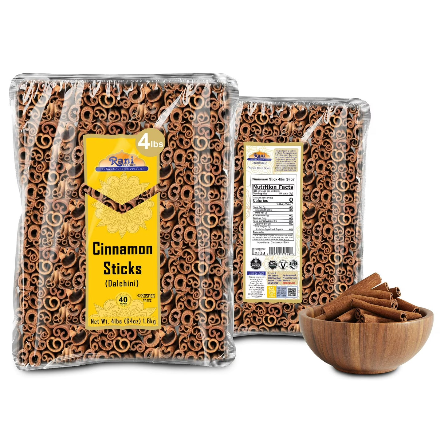 Rani Cinnamon Sticks 64oz (4lbs) 1.81kg Bulk Bag - 350-400 Sticks - Strong Aroma, Perfect for Baking, Cooking & Beverages | 3+ Inches Length - Cassia Saigon Cinnamon from Vietnam | Kosher