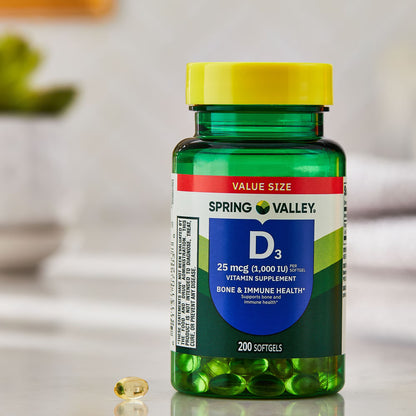 Spring Valley Vitamin D3 Softgels, 25 mcg (1000 IU), 200 Count, Supplement for Bone and Immune Health