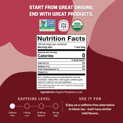 FGO Raspberry Leaf Tea, Organic, Eco-Conscious Tea Bags (100 Count)
