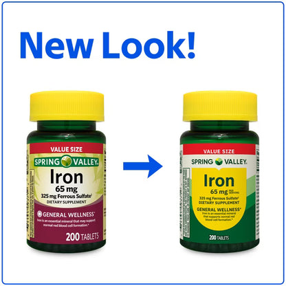 Spring Valley General Health & Wellness Iron Tablets Dietary Supplement Value Size, 65 mg, 200 Count