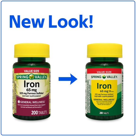 (3 pack) Spring Valley General Health & Wellness Iron Tablets Dietary Supplement Value Size, 65 mg, 200 Count