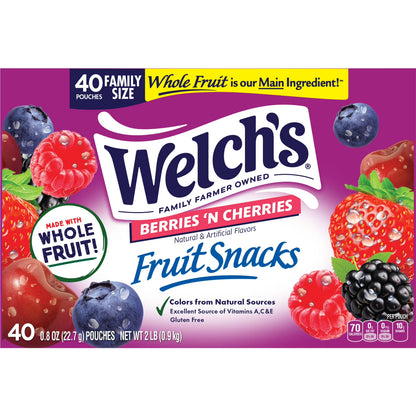 Welch's Fruit Snacks Gluten-Free Berries 'N Cherries Kids Snacks, Soft Snacks, 0.8 oz, 40 Count