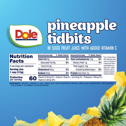 (4 pack) Dole Fruit Bowls Pineapple Tidbits in 100% Fruit Juice, 4 oz Cups (4 Pack)