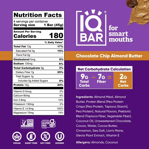 IQBAR Chocolate Chip Almond Butter Protein Bars - Vegan Energy Bars - High-Fiber Vegan Snacks - 4 Count Box