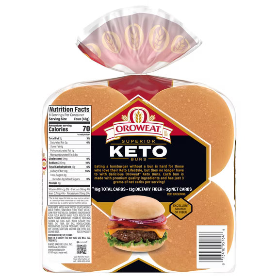 Oroweat Superior Keto Plain Hamburger Buns, 8 count, Hamburger Buns, 12 oz Bag