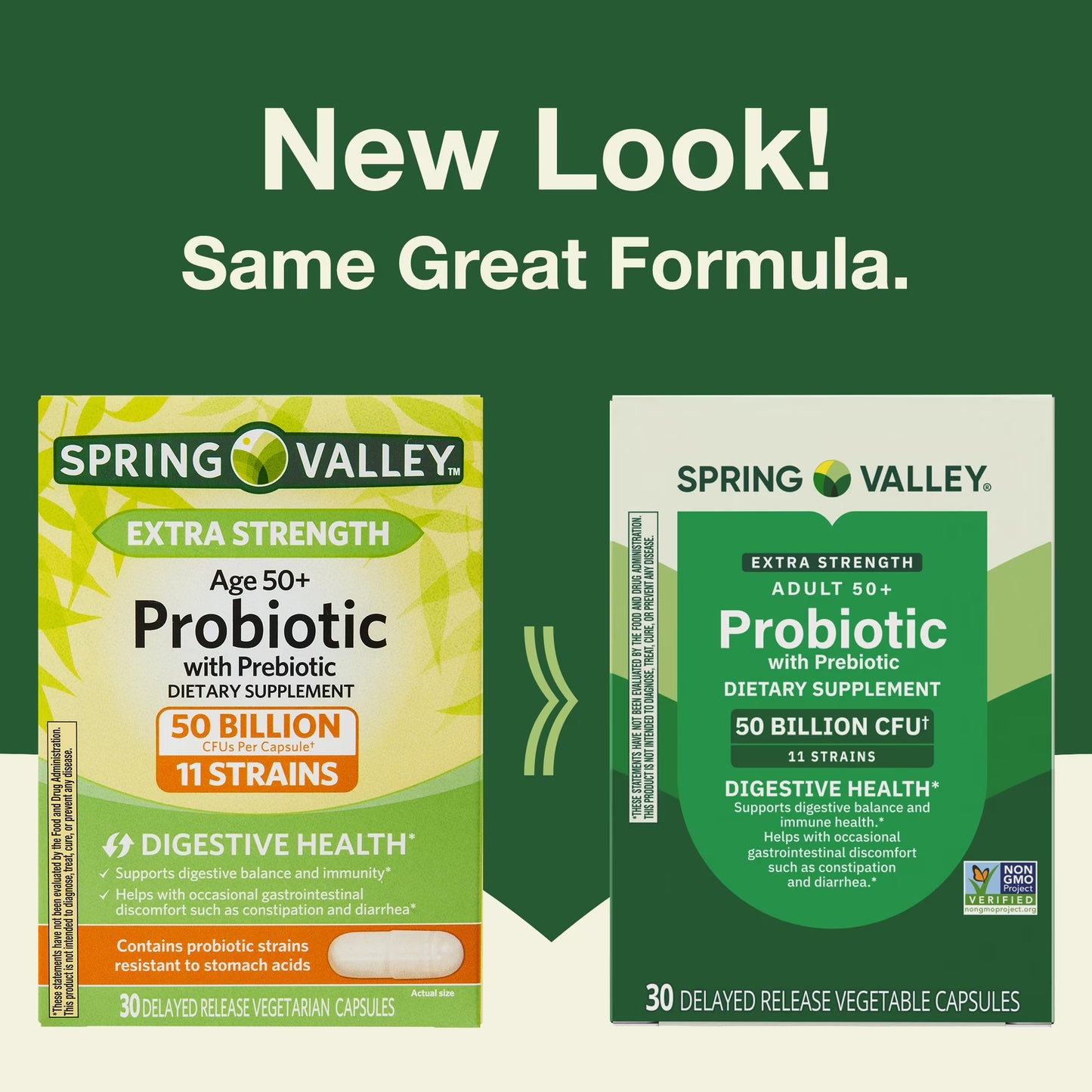 Spring Valley Extra Strength Age 50+ Probiotic with Prebiotic Dietary Supplement Delayed Release Vegetarian Capsules for Digestive Health, 30 Count