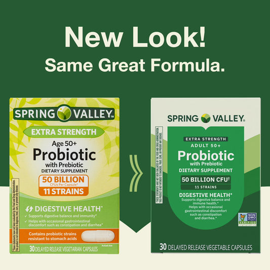 Spring Valley Extra Strength Age 50+ Probiotic with Prebiotic Dietary Supplement Delayed Release Vegetarian Capsules for Digestive Health, 30 Count