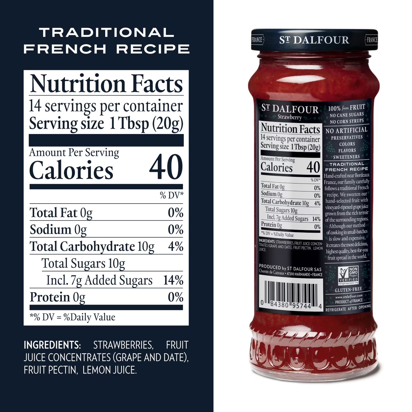St. Dalfour Strawberry Fruit Spread, 100% from Fruit, Vegan & Gluten Free, 10 oz Jar