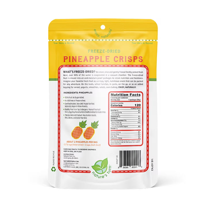 Nature’s Turn Freeze-Dried Pineapple Crisps, No Added Sugar, Healthy Natural Fruit Crisp Snack for School Lunches, 2 Pack (1.2 oz Each)