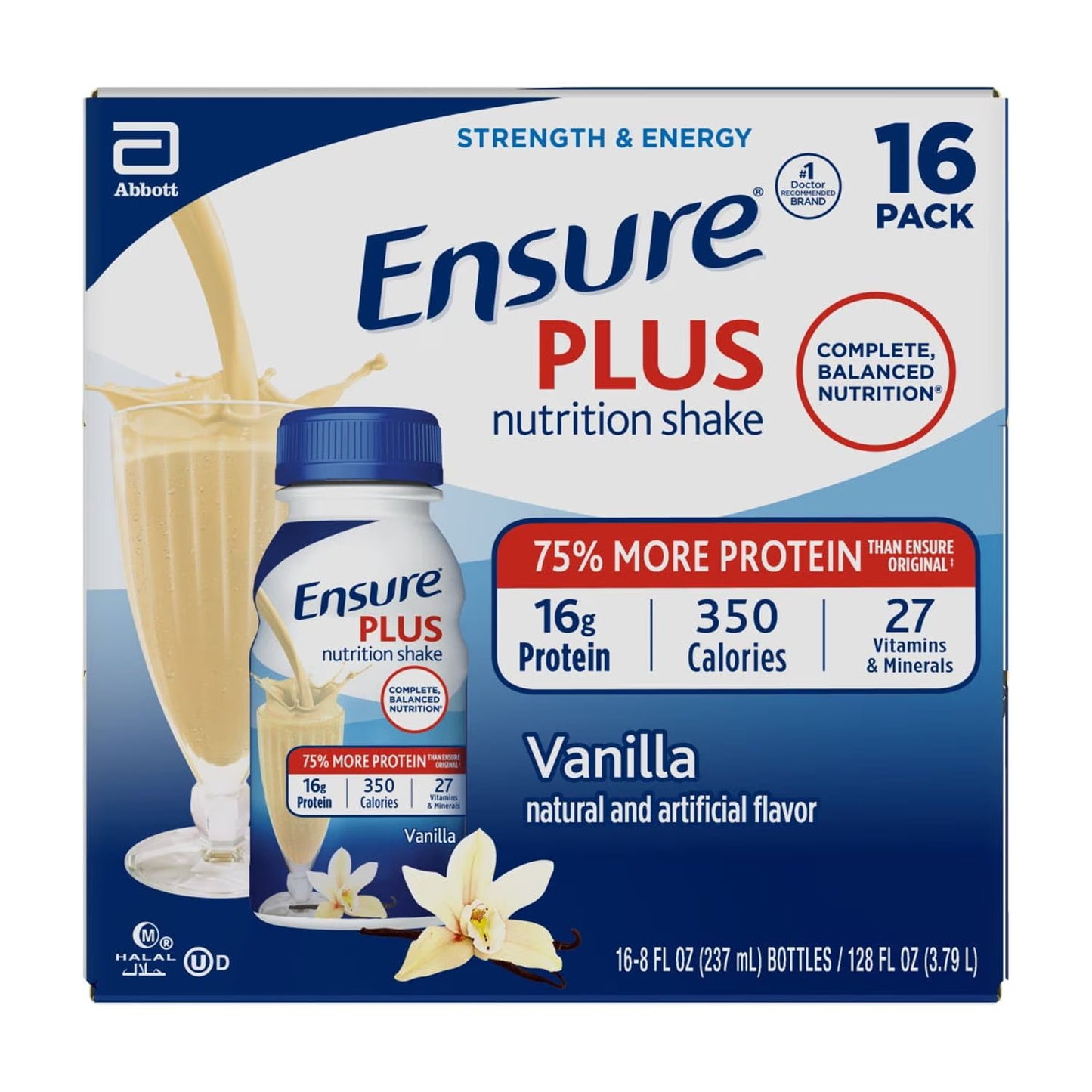 Ensure Plus Meal Replacement Nutrition Shake, Vanilla, 16g Protein, 8 fl oz - 16 Pack