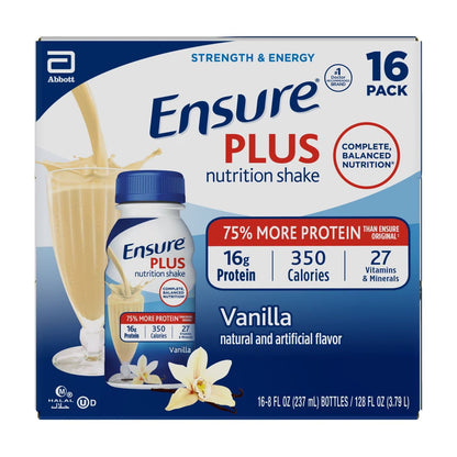 Ensure Plus Meal Replacement Nutrition Shake, Vanilla, 16g Protein, 8 fl oz - 16 Pack
