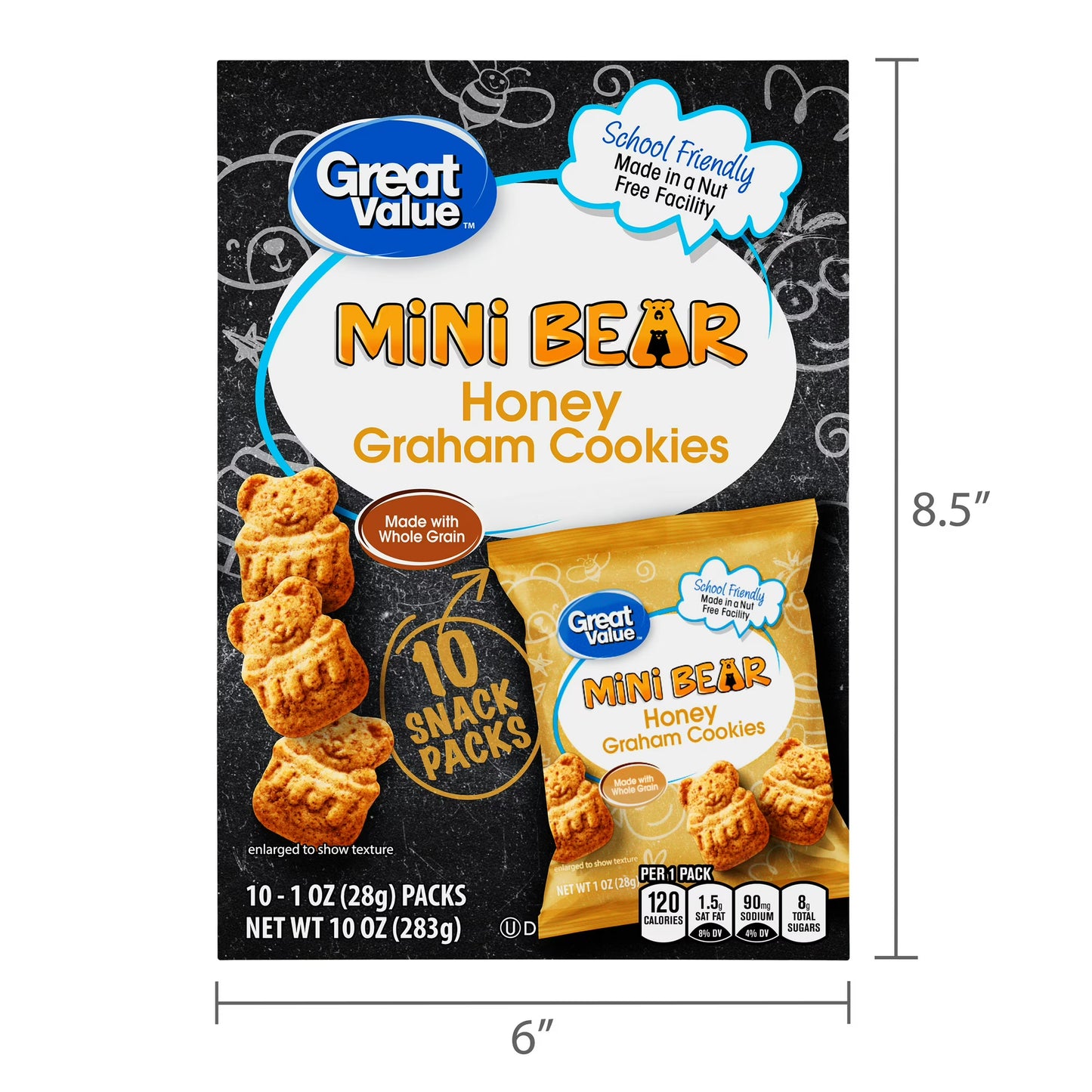 Great Value Mini Bear Honey Graham Cookies, 1 oz, 10 Snack Packs