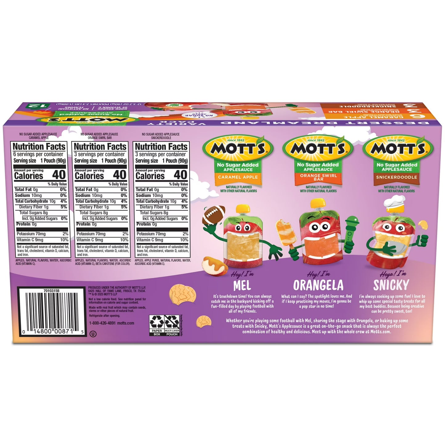 Mott’s No Sugar Added Dessert Dreamland Applesauce Variety Pack, 3.2 oz, 12 Count Clear Pouches