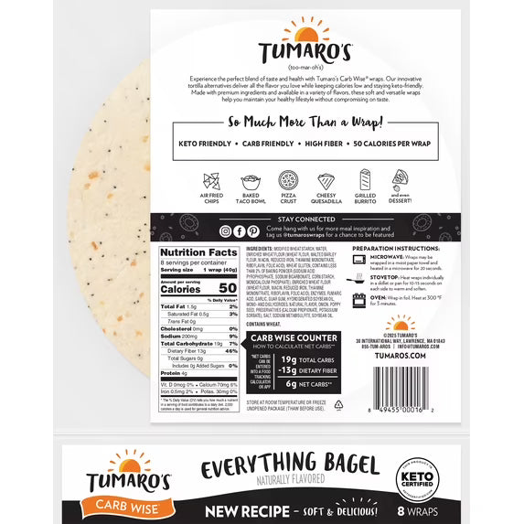 Tumaro's Everything Bagel Carb Wise Wraps, 3 Pack, 24 Count