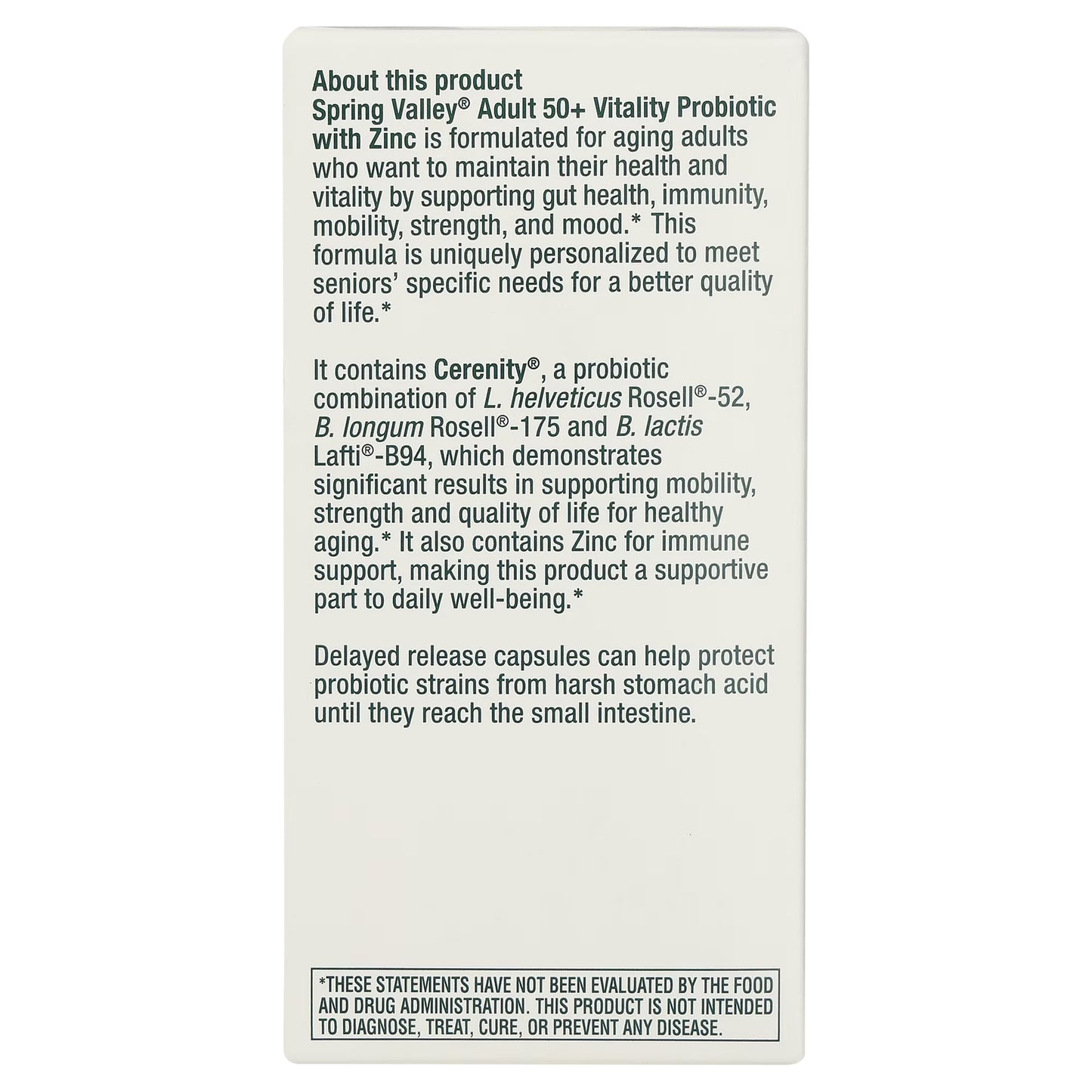Spring Valley Adult 50+ Vitality Probiotic with Zinc Dietary Supplement, 30 Delayed-Release Capsules