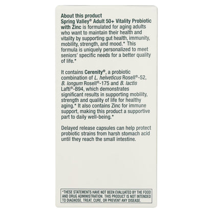 Spring Valley Adult 50+ Vitality Probiotic with Zinc Dietary Supplement, 30 Delayed-Release Capsules