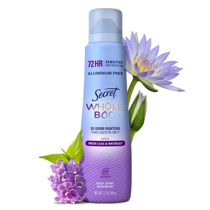 Secret Whole Body Women's Deodorant Aluminum Free Spray, Lilac & Waterlily, 3.5oz