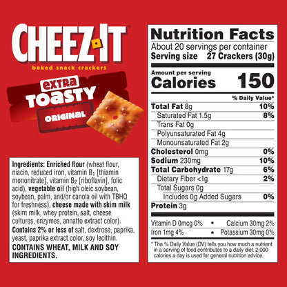 Cheez-It Extra Toasty Cheese Crackers, Baked Snack Crackers, 21 oz