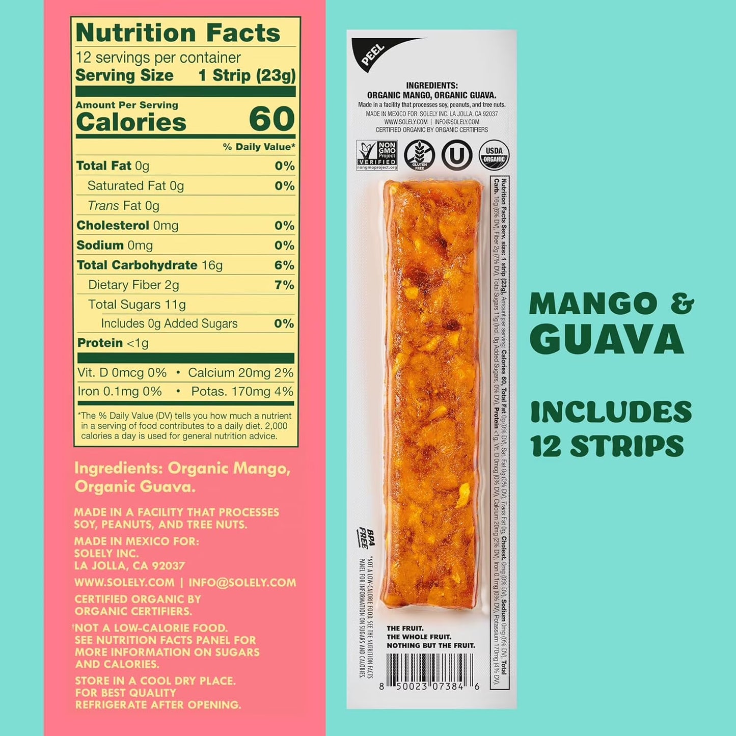 Solely Organic Mango Guava Fruit Jerky, 12 Individually Wrapped Strips (12-Pack), Made from Dried Fruit, Healthy Snacks for All, Vegan, 0.8oz (23g)