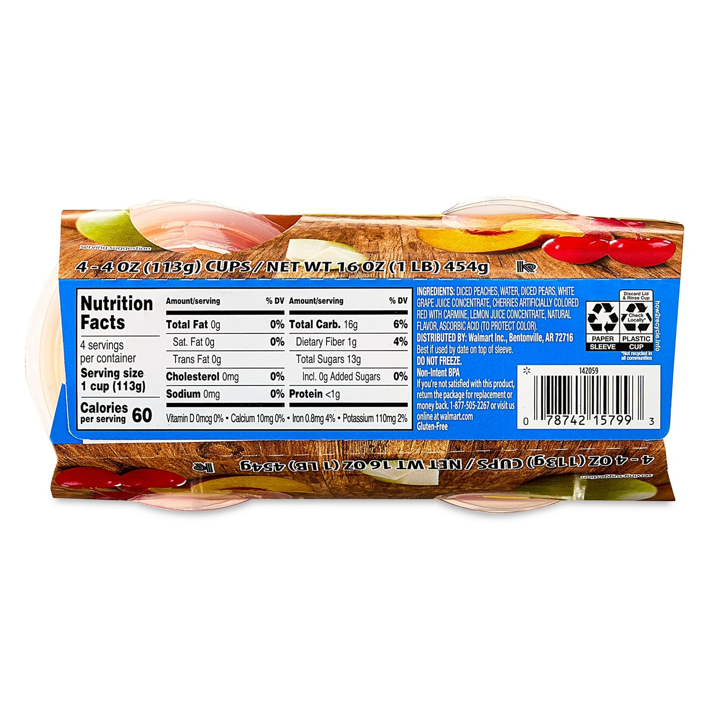 (6 pack) Great Value Cherry Mixed Fruit in 100% Juice, 4 oz, 4 Count