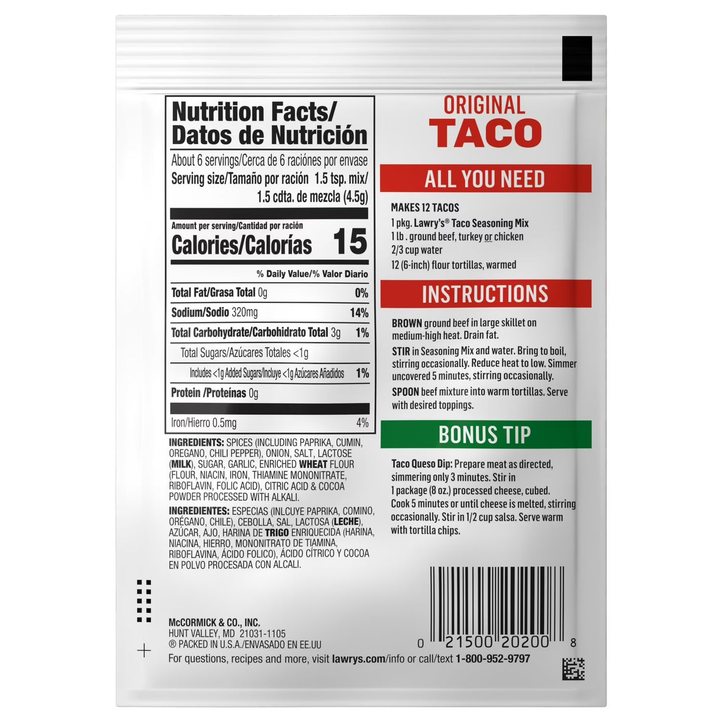 Lawry's Taco Seasoning Mix, 1.0 oz Packet