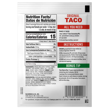 Lawry's Taco Seasoning Mix, 1.0 oz Packet