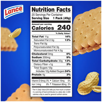 Lance Sandwich Cookies, Nekot Peanut Butter, 20 Individually Wrapped Packs, 6 Sandwiches Each