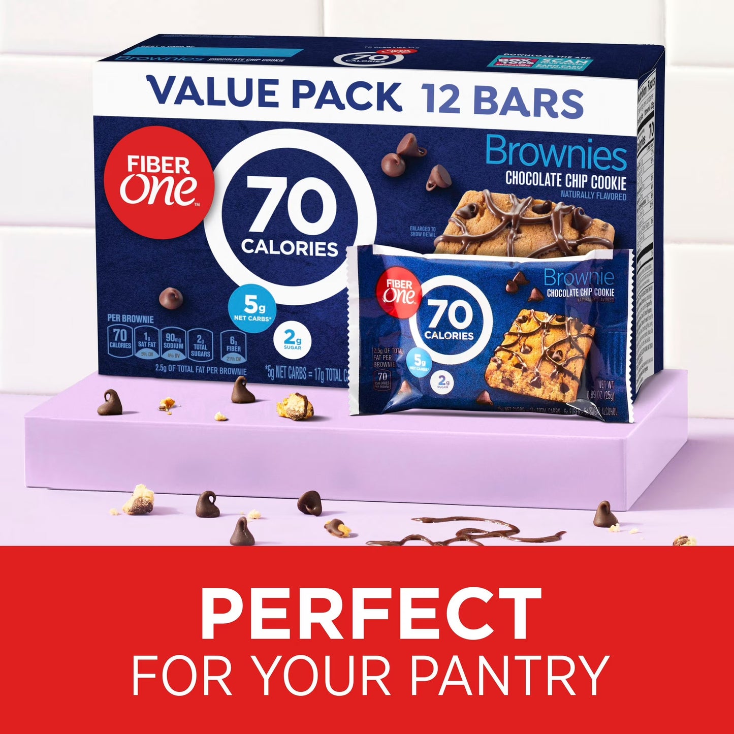 Fiber One 70 Calorie Brownies, Chocolate Chip Cookie, 2g Sugar, Value Pack, 12 Count, 10.6 oz