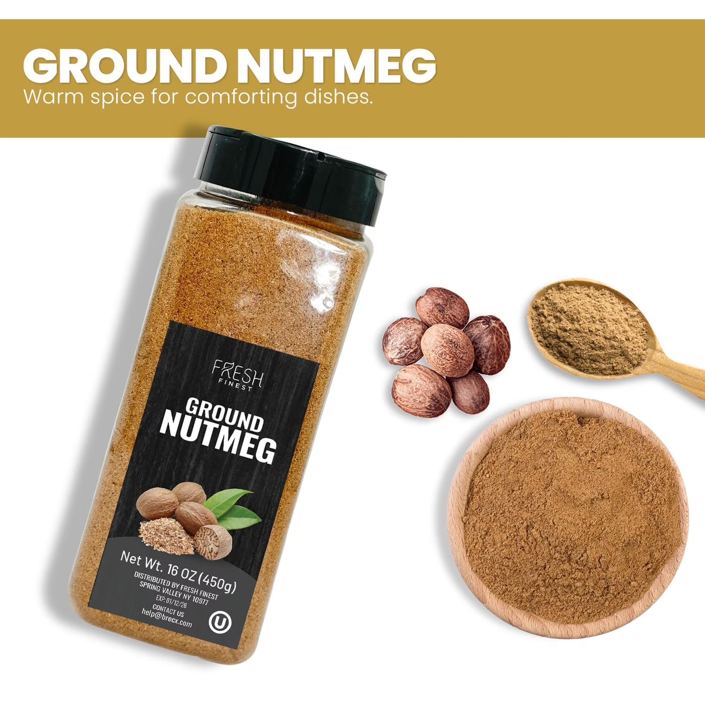Fresh Finest Ground Nutmeg Powder, Best for Sweet & Savory Recipes, Premium Spice for Cooking and Baking, Kosher & Non-GMO - 450G (16 oz)