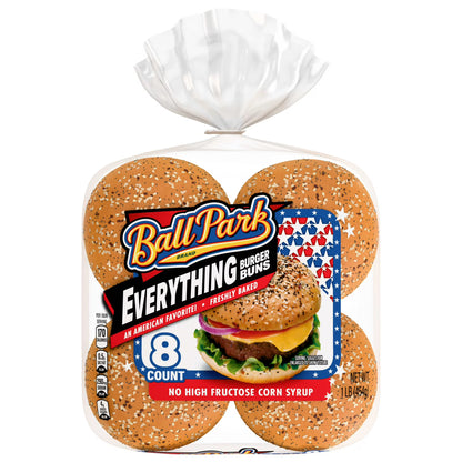 Ball Park Everything Burger Buns, 8 count, Pre-sliced Hamburger Buns, 16 oz Bag